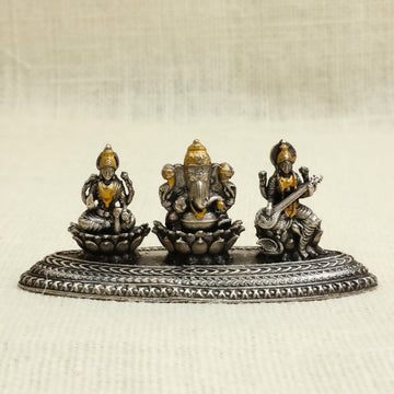Antique Silver Finish Laxmi Ganesh Saraswati Idol Set – Seated on Lotus Base