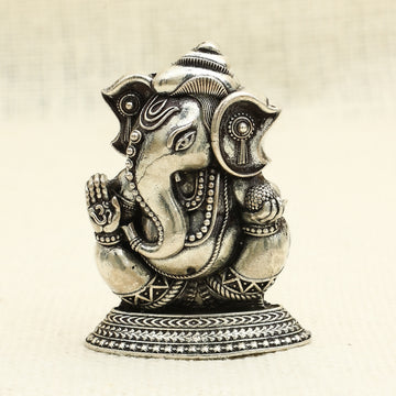 Intricately Crafted Silver Ganesha Idol – Seated Pose with Blessing Hand