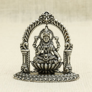 Antique Finish Silver Lakshmi Idol – Seated on Lotus with Arch Frame