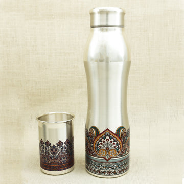 Silver Bottle & Glass Set with Meenakari Design
