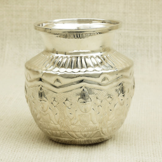 Antique Silver Kalash with Seated Deity Engravings – Traditional Temple Design