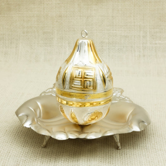 Silver-Gold Plated Decorative Nariyal on Hand shaped Tray – Auspicious Pooja Accessory