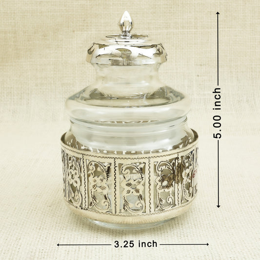 Glass Storage Jar with Ornate Silver Cladding and Lid