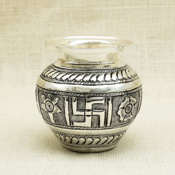 Antique Silver Kalash with Swastik and Floral Engravings – Traditional Design