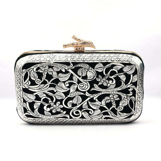 Silver Filigree Velvet Clutch – Handcrafted Elegance