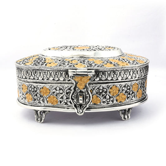 Elegant Silver & Gold-Toned Dry Fruit Box – Antique Floral Design