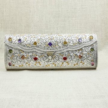 Luxurious Silver Clutch with Colorful Gemstone Embellishments