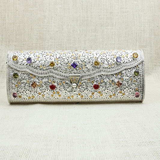 Luxurious Silver Clutch with Colorful Gemstone Embellishments