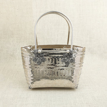 Silver Handwoven Tote Bag with Floral Accents