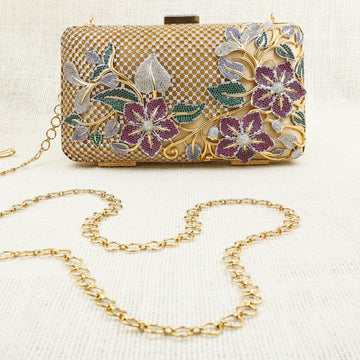 Exquisite Gold-Toned Clutch with Floral Embellishments