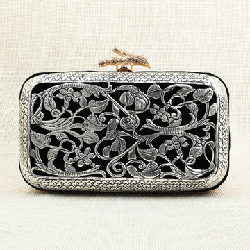 Silver Filigree Velvet Clutch – Handcrafted Elegance