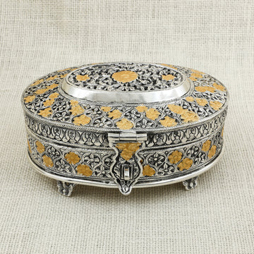 Elegant Silver & Gold-Toned Dry Fruit Box – Antique Floral Design