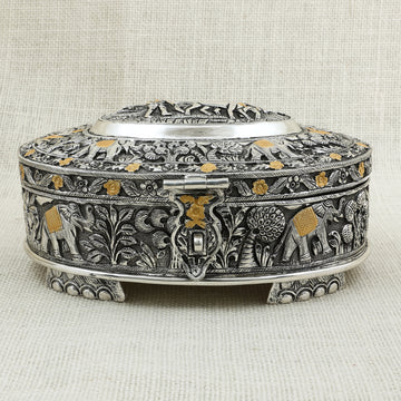 Handcrafted Silver & Gold Elephant Motif Box – Ornate Storage
