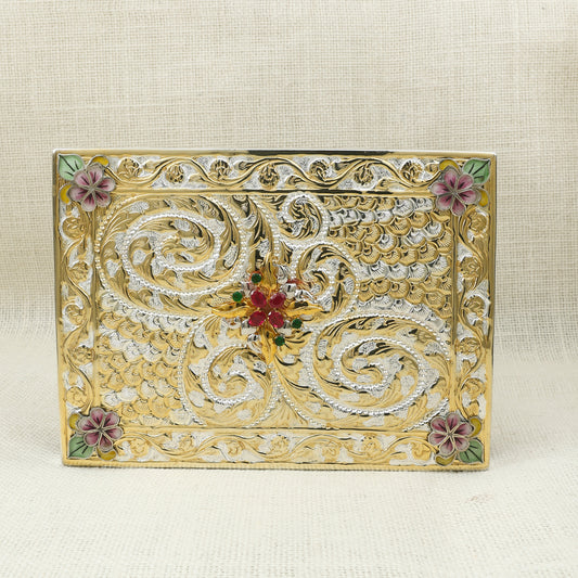 Handcrafted Gold & Silver Finish Decorative Box – Floral Enamel Accents (7.5 x 2 inch)