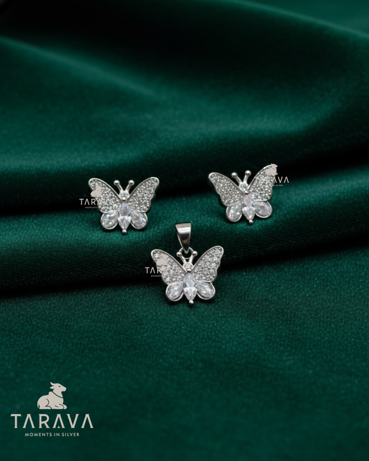 Silver CZ Butterfly Pendant Set