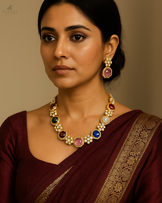 Multicolor Polki Silver Neckset