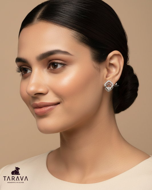 Geometric Sparkle Silver Stud Earrings