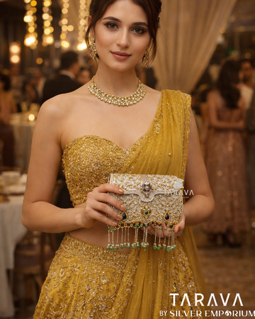 Emerald Fringe Royal Silver Clutch