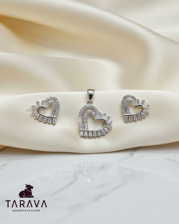 Silver CZ Heart Crown Pendant Set