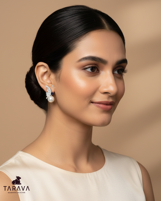 Butterfly Pearl Drop Silver Earrings