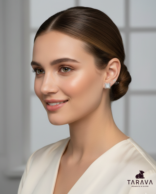 Cushion Square Sparkle Silver Stud Earrings