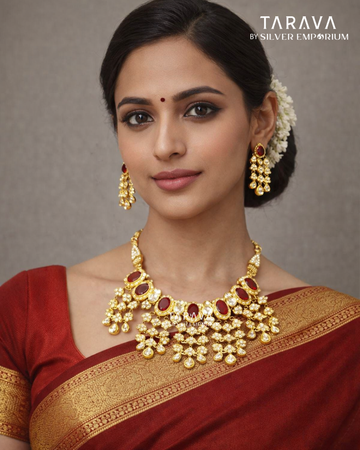 Ruby Radiance Silver Polki Statement Necklace Set