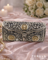Regal Leaf-Carved Kundan Silver Clutch
