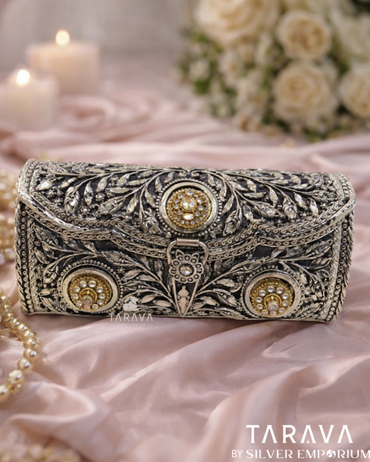 Regal Leaf-Carved Kundan Silver Clutch
