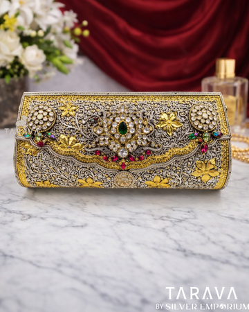 Royal Floral Kundan Silver Clutch