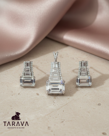 Emerald-Cut Statement Silver Pendant with Earrings Set
