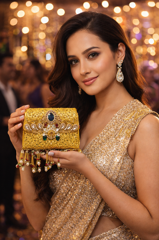 Golden Filigree Pearl Tassel Silver Clutch