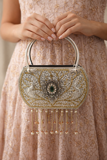Imperial Kundan Fringe Silver Handle Bag