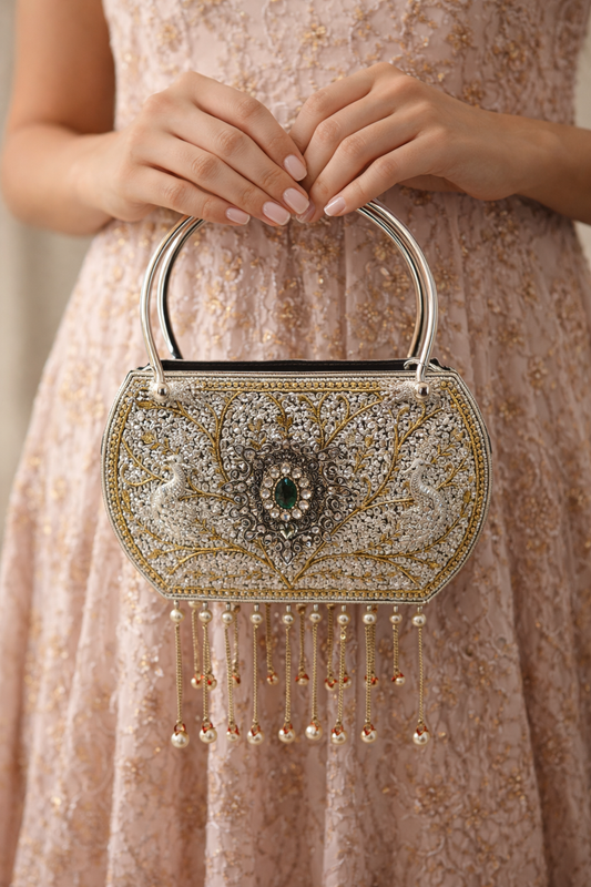Imperial Kundan Fringe Silver Handle Bag