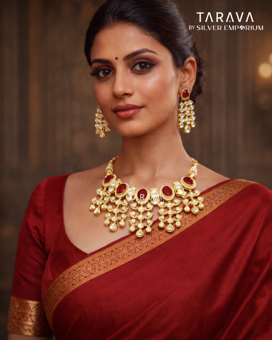 Ruby Radiance Silver Polki Statement Necklace Set