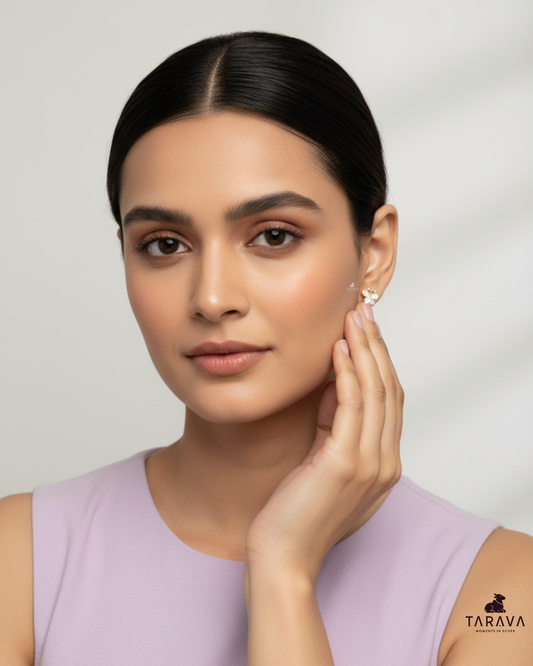 Diamond-Studded Butterfly Silver Stud Earrings