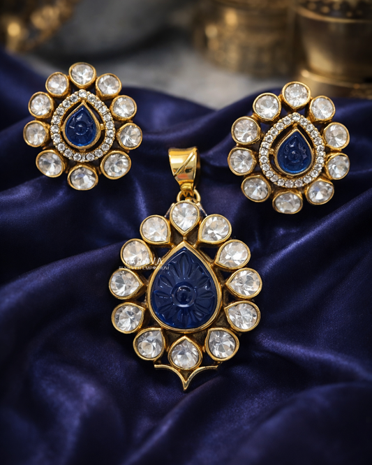 Royal Blue Carved Drop Polki Set