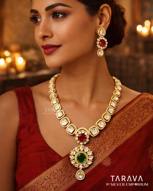 Emerald Royale Silver Polki Heritage Necklace Set