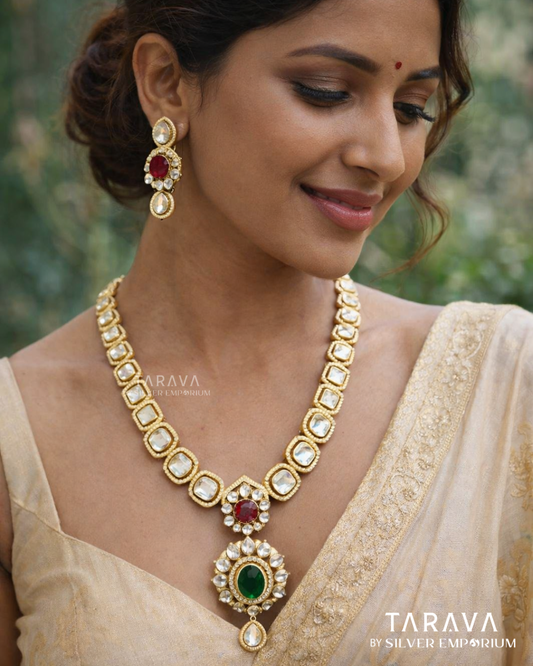 Emerald Royale Silver Polki Heritage Necklace Set