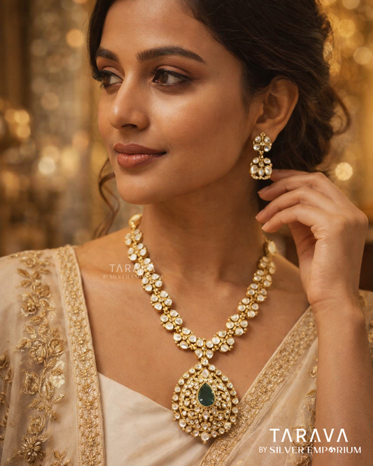 Classic Teardrop Silver Polki Necklace Set