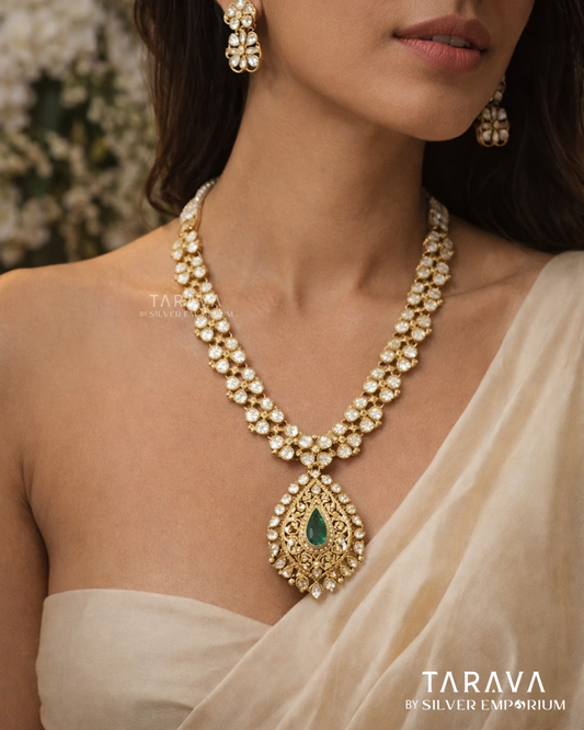 Classic Teardrop Silver Polki Necklace Set