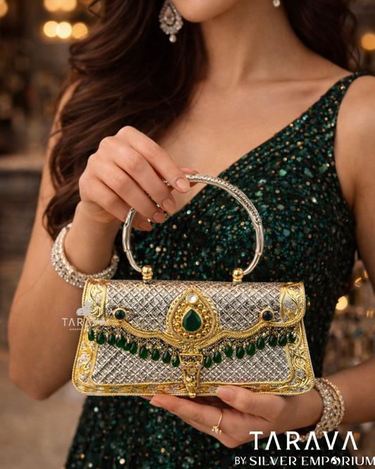 Classic Emerald Drop Handle Silver Bag