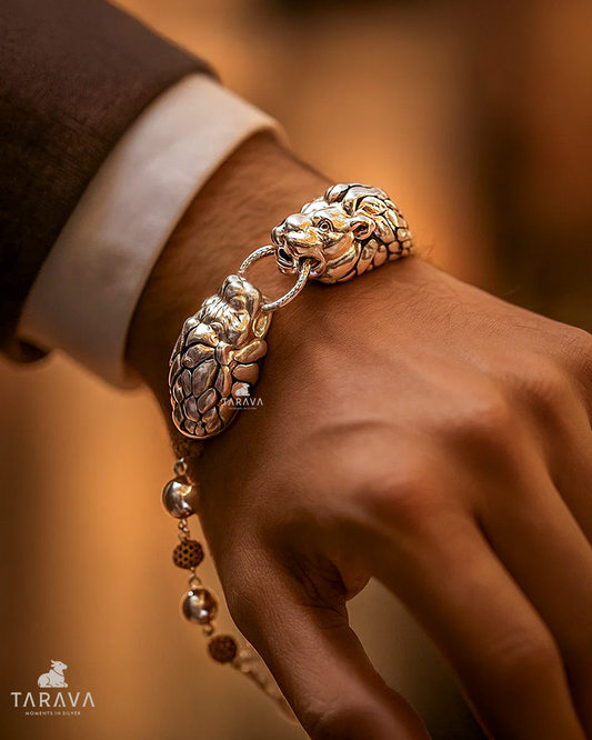 Dual Panther Bead Men’s Silver Bracelet