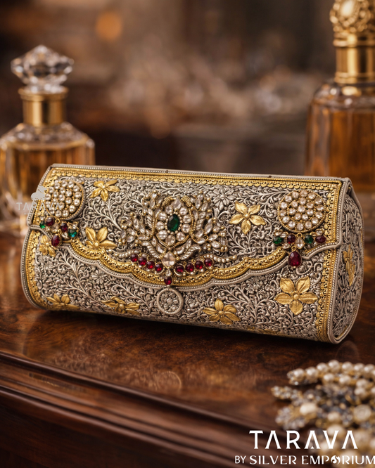 Royal Floral Kundan Silver Clutch