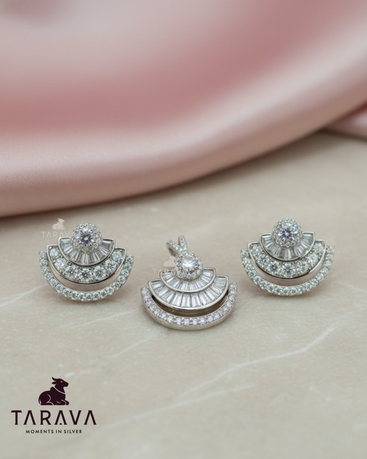 Layered Fan CZ Silver Pendant with Earrings Set