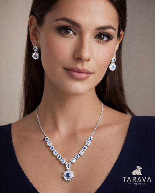 Imperial Sapphire Halo Silver Necklace