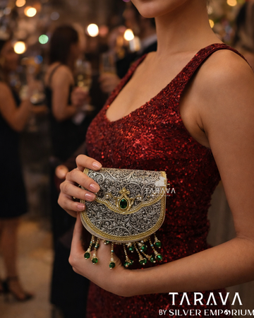 Emerald Tassel Heritage Silver Clutch