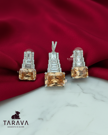Champagne Rectangle CZ Silver Pendant with Earrings Set
