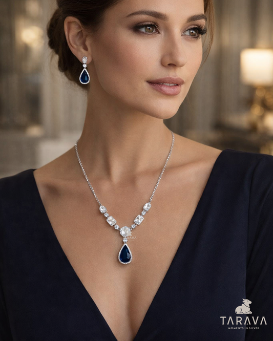 Royal Teardrop Diamond Silver Necklace Set