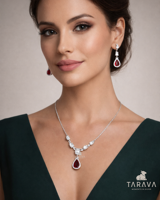 Regal Ruby Drop Diamond Silver Necklace