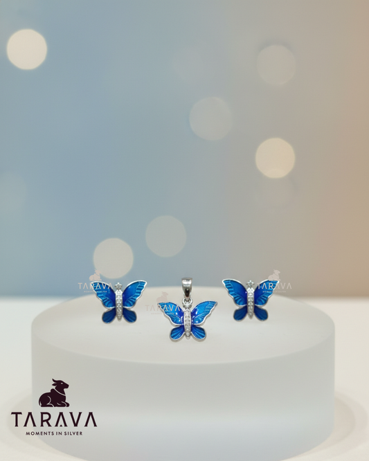 Blue Butterfly Enamel Silver Pendant with Earrings Set